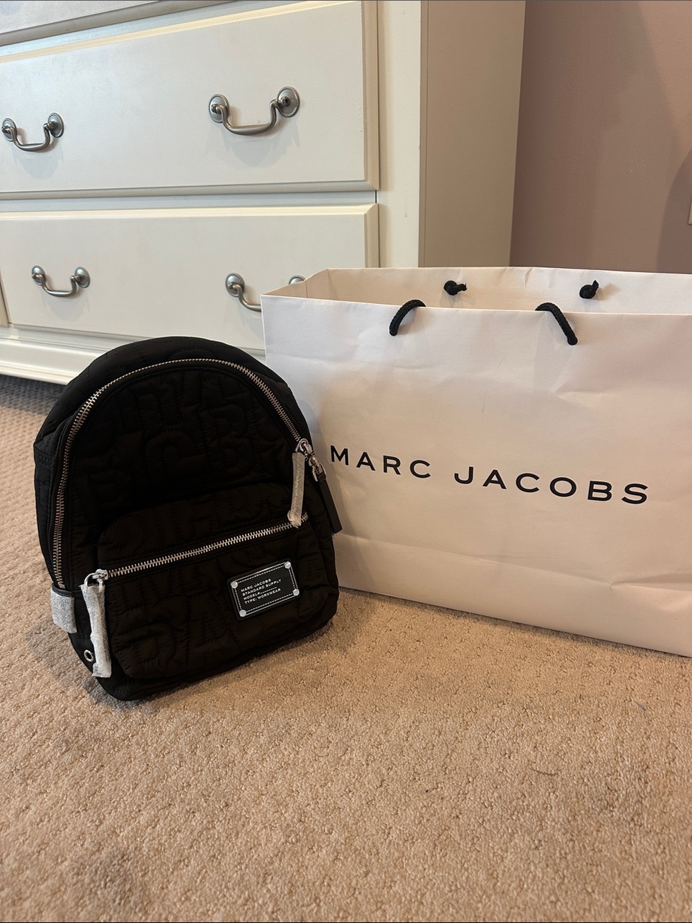 BRAND NEW Marc Jacobs Black Quilted Mini Backpack with Logo Plaque